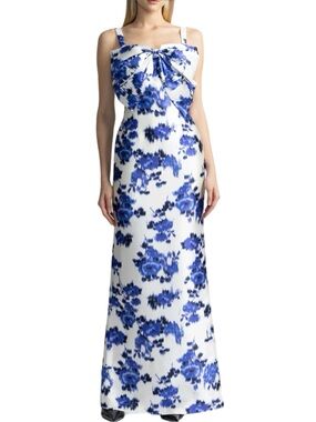 NWT Zac Posen $595 MSRP Blue & White Ikat Floral Mikado A-Line Gown with Bow 10